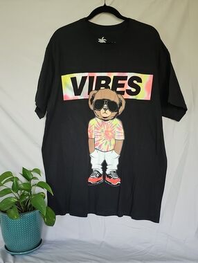 Vibe Black Tee with Tie-Dye Bear Graphic